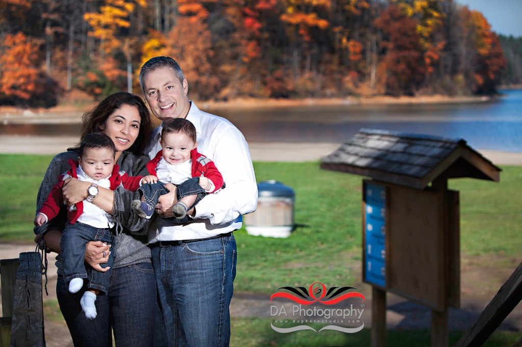 Family with twins at the lake