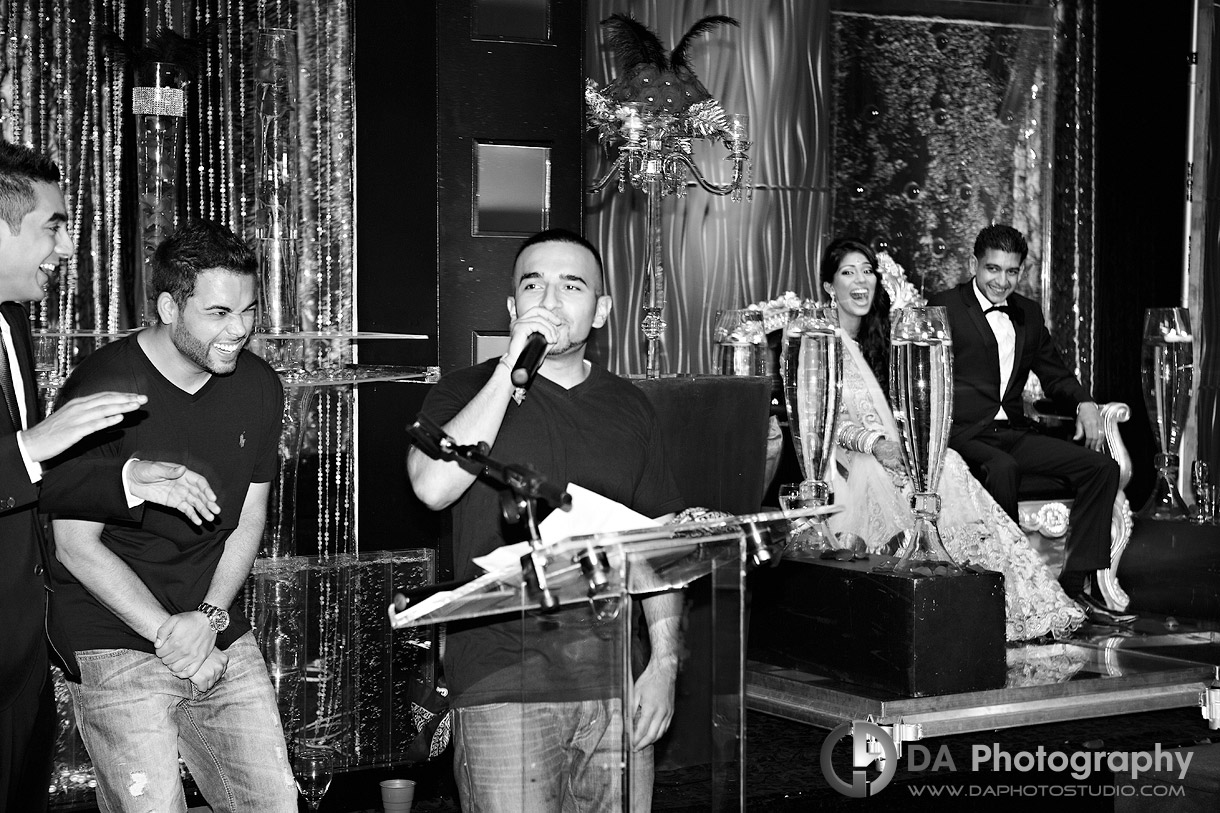Wedding day with friends speech in black and white