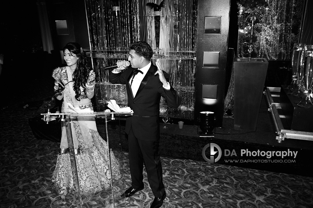 Groom's speech at his wedding reception in black and white