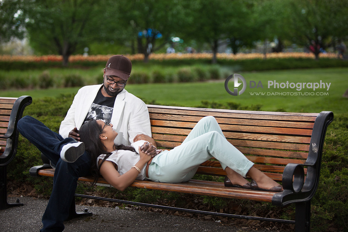 At the park bench - Engagement Photographer