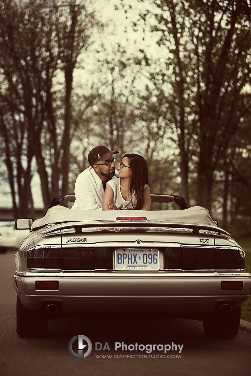 At the back seat in our Jaguar - Engagement Photographer