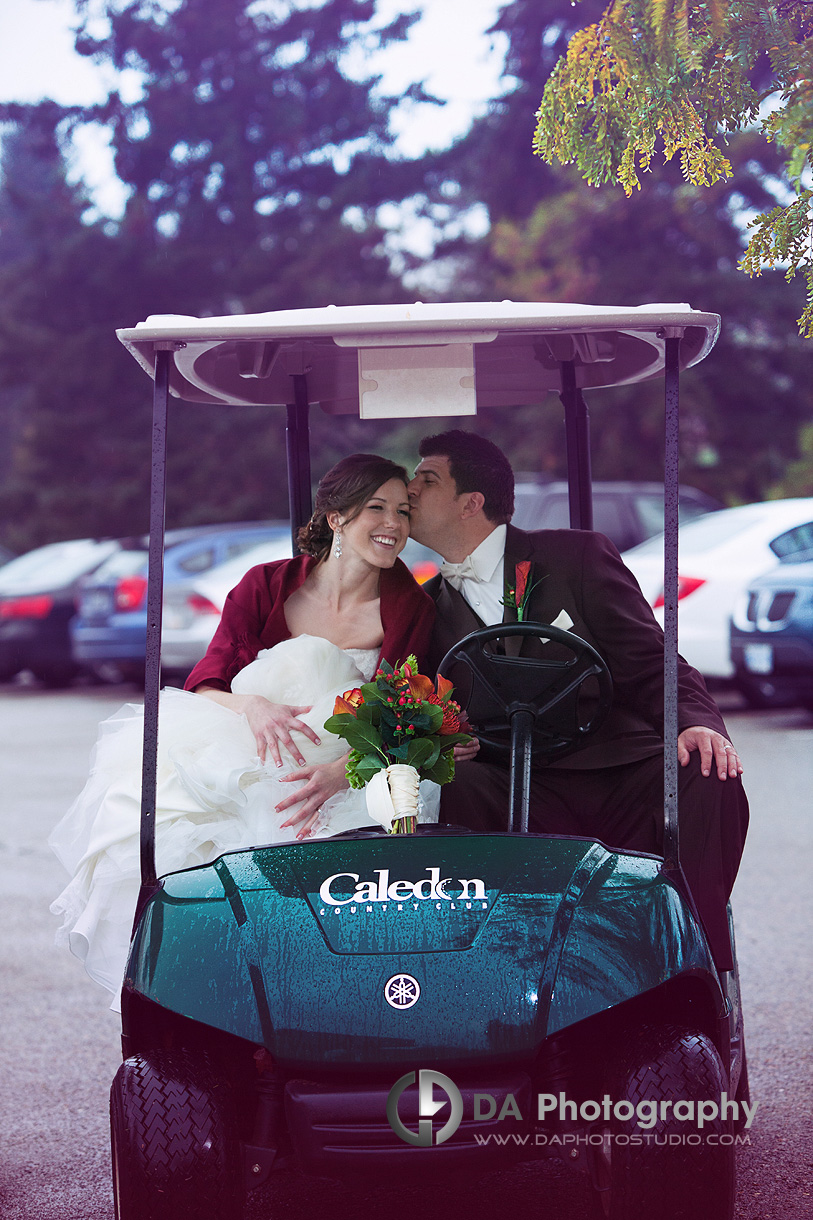 Wedding couple in the Golf Cart at Caledon Golf and Country Club - Wedding Photographer