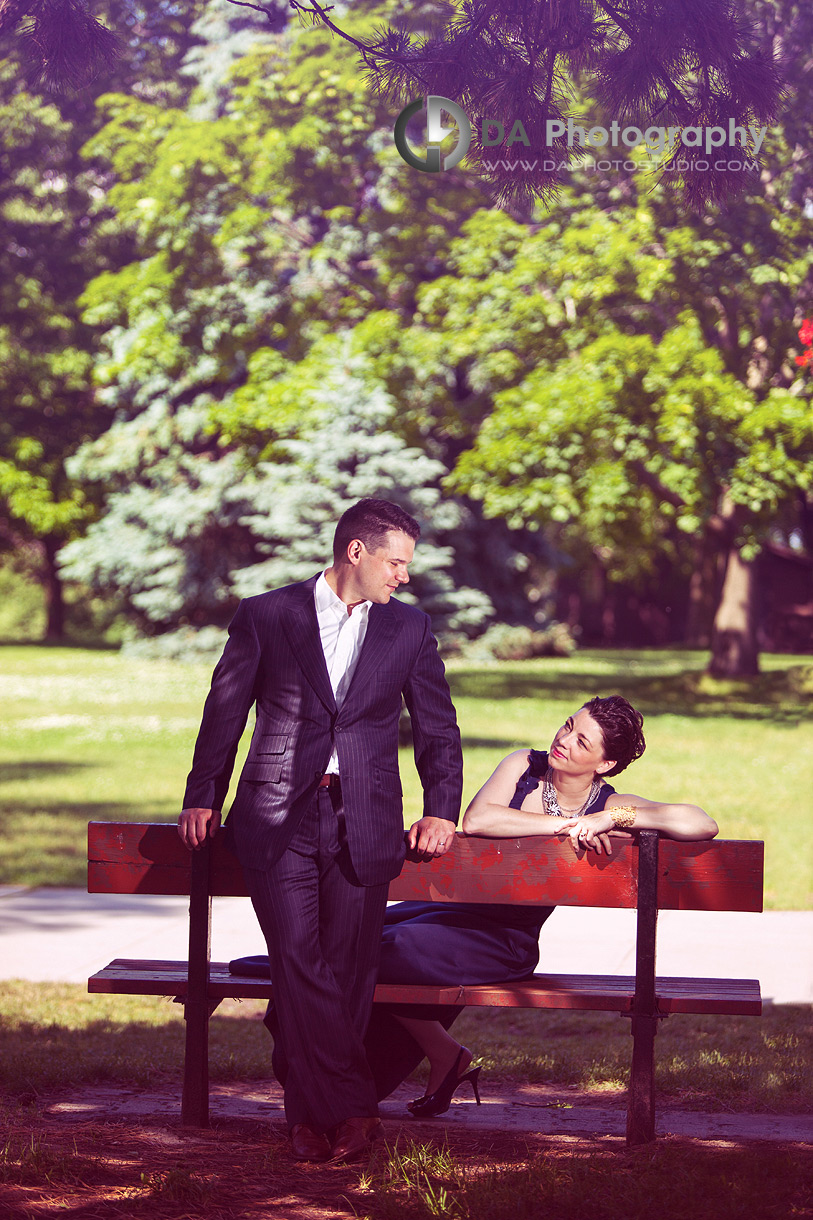 Couple in a park at the bench - Toronto Island Wedding Photographer