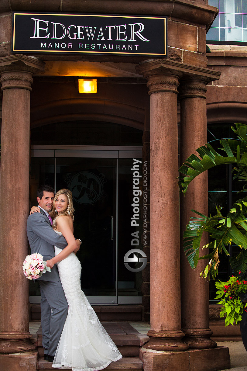 Bride and Groom Outside Venue - Wedding Photography by DA Photography - Edgewater Manor - Stoney Creek, ON