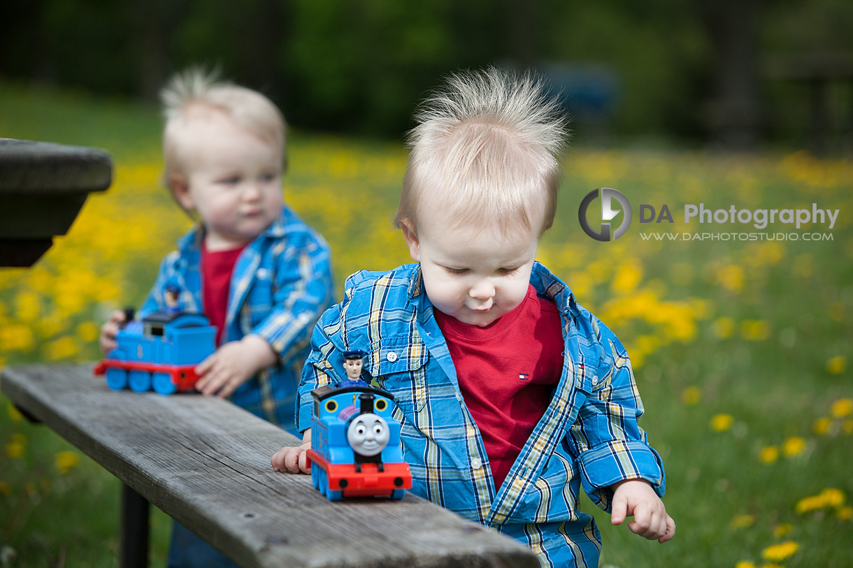 Twin Toddler and theirs Tomas the Train - Children Photography by Dragi Andovski at Kelso, ON