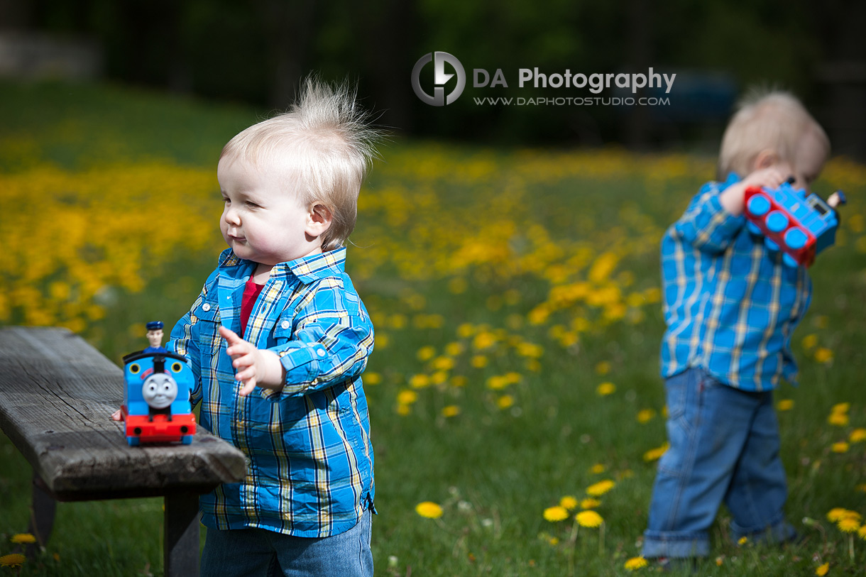 Twin Toddler and theirs Tomas the Train having fun - Children Photography by Dragi Andovski at Kelso, ON