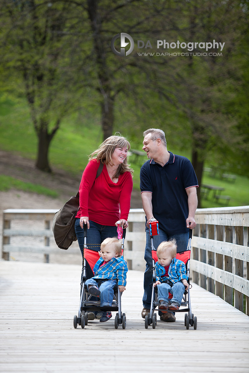 Family Portrait with twin toddlers on the river walk - Family Photography by DA Photography at Kelso, ON