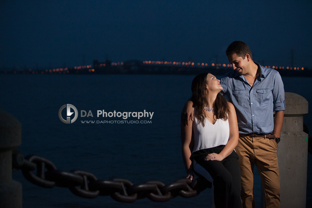 On the waterfront, night time portrait -  Engagement Photographer at Waterfront in Burlington, www.daphotostudio.com