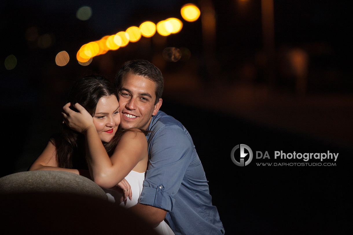 City Lights and two in love -  Engagement Photographer at Waterfront in Burlington, www.daphotostudio.com