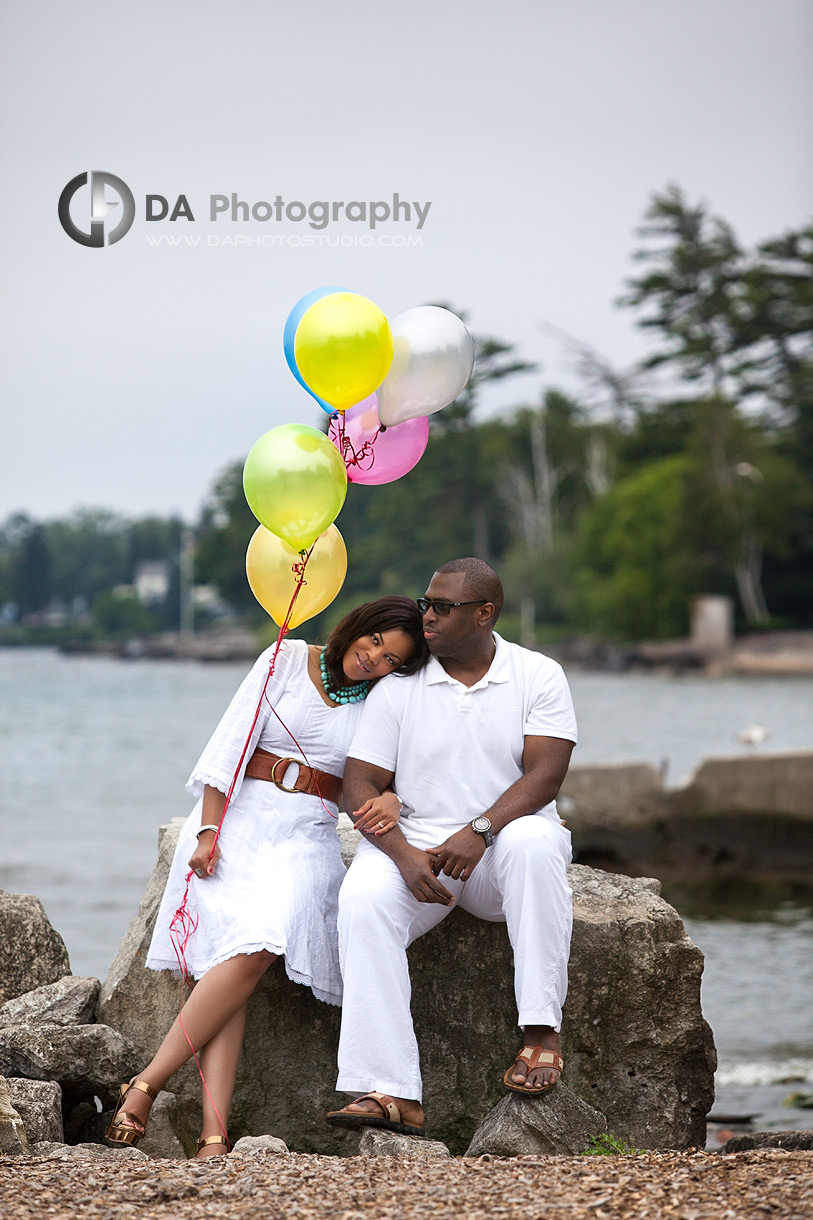 Couple+Balloons+Lake = Engagement Photo Session - Engagement by DA Photography at Gairloch Gardens, ON, www.daphotostudio.com