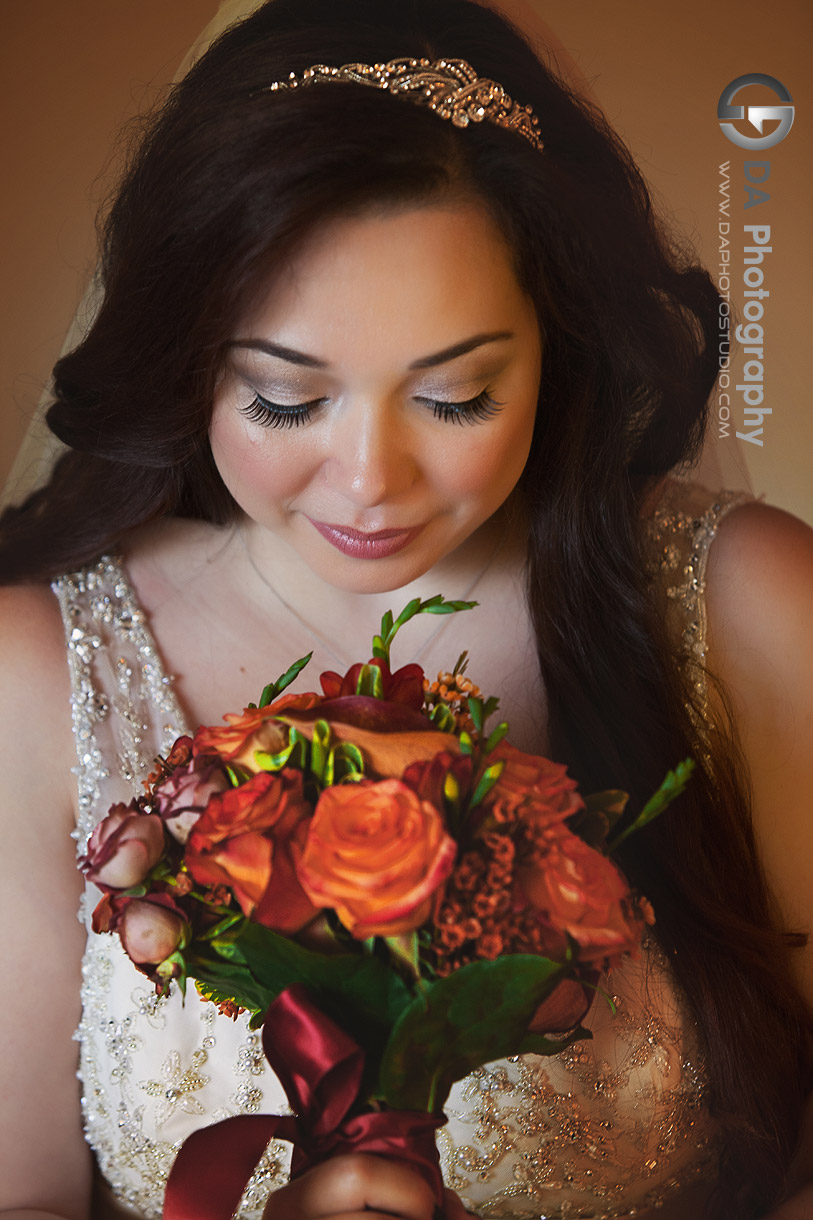 Bride with her flowers - by DA Photography at Black Creek Pioneer Village, www.daphotostudio.com