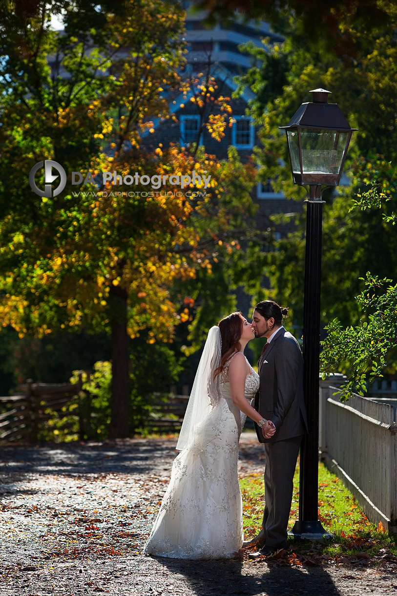 Wedding couple in fall session - by DA Photography at Black Creek Pioneer Village, www.daphotostudio.com