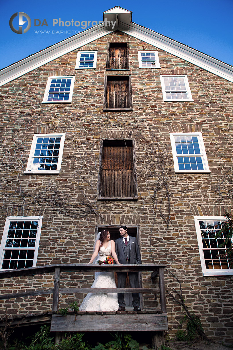 Wedding couple at the old Mill - by DA Photography at Black Creek Pioneer Village, www.daphotostudio.com