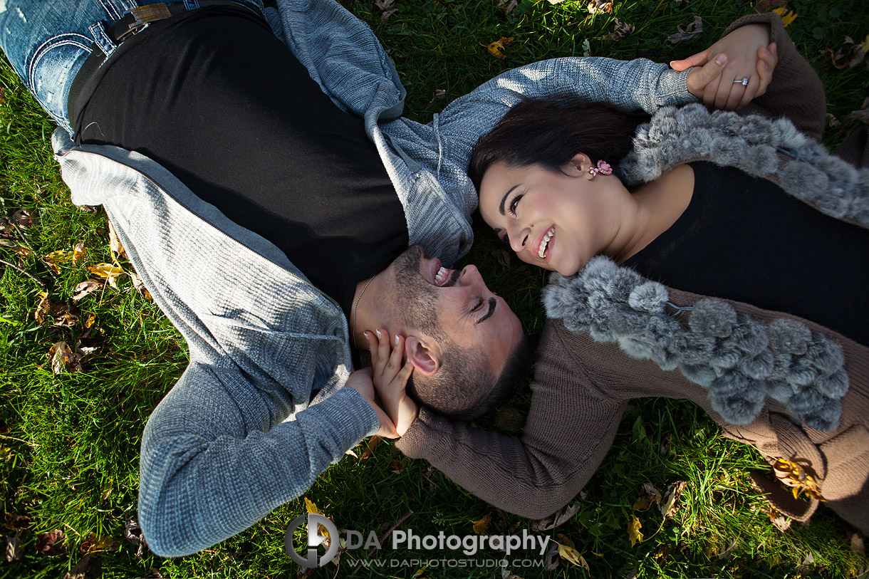 Engagement couple on the grass - by DA Photography at Webster's Falls - www.daphotostudio.com
