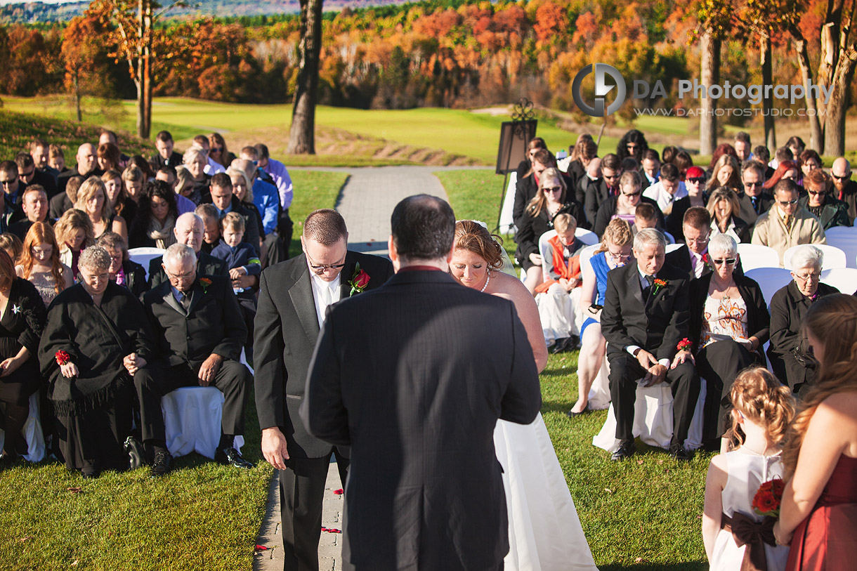 Wedding ceremony at golf course in fall - Blended Family in Fall wedding by DA Photography, www.daphotostudio.com