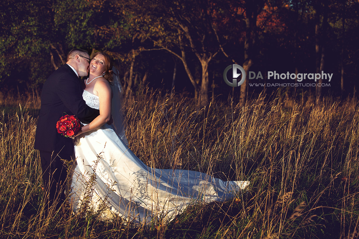 Wedding couple at sunset in fall - Blended Family in Fall wedding by DA Photography, www.daphotostudio.com
