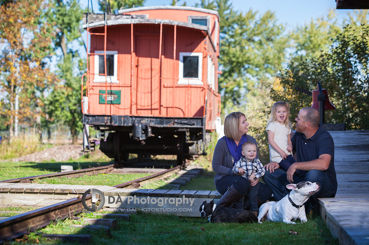 Family Portrait forThanksgiving by the railroad station in Sutton - Thanksgiving Fall Portraits by DA Photography - www.daphotostudio.com