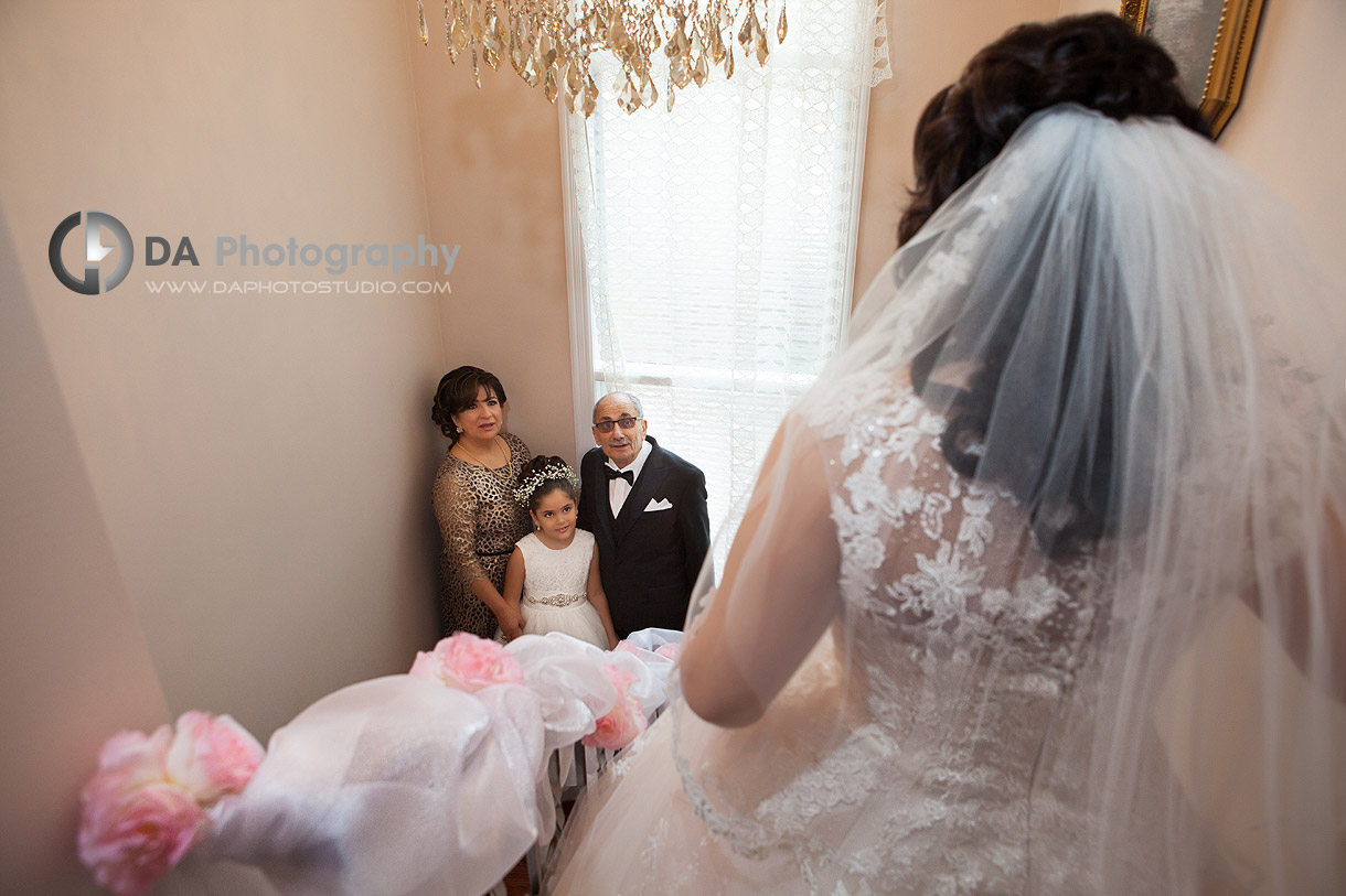 First Look , Parents with Bride - Winter wedding at Liberty Grand by DA Photography , www.daphotostudio.com