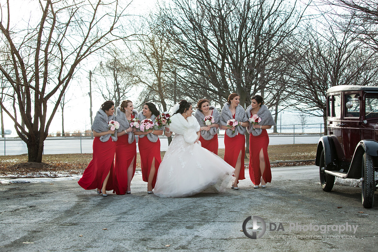The Bridesmaids walk – Winter wedding at Liberty Grand by DA Photography , www.daphotostudio.com
