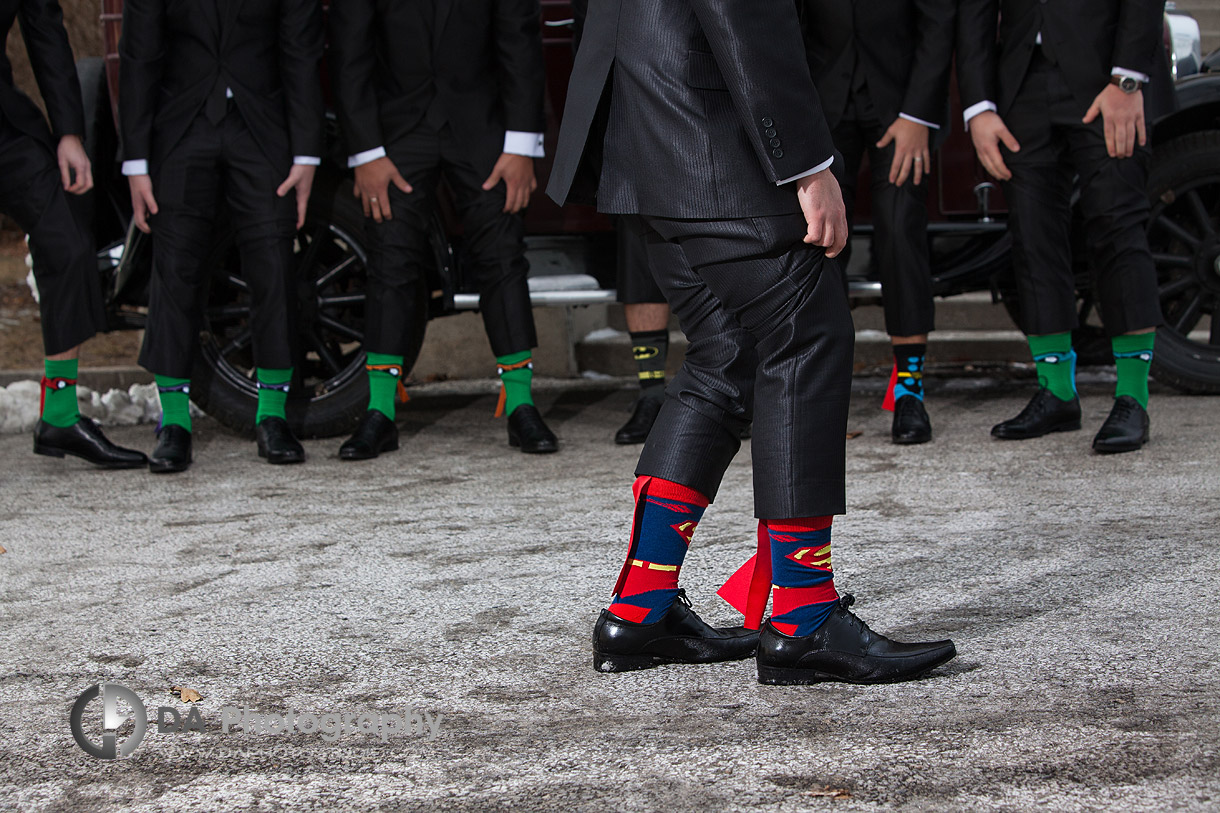 The Groomsman's super hero socks – Winter wedding at Liberty Grand by DA Photography , www.daphotostudio.com