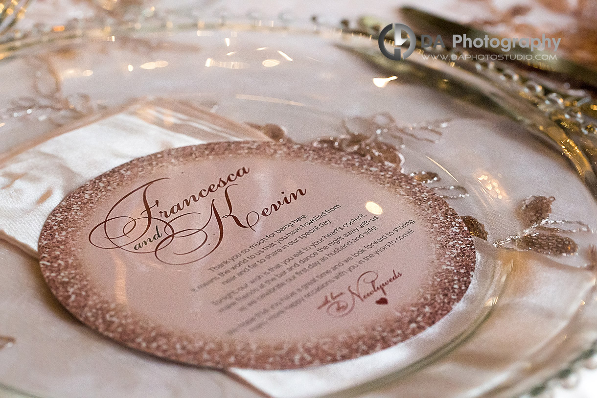 Wedding decor details, under the dishes note - Winter wedding at Liberty Grand by DA Photography , www.daphotostudio.com