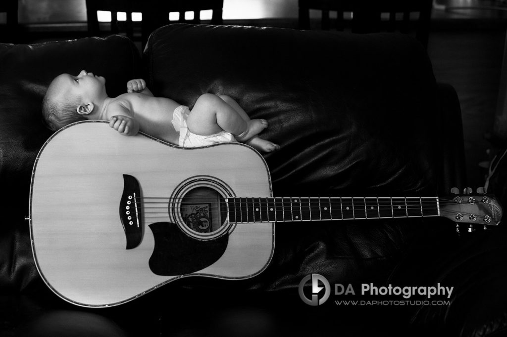 Baby musician , baby on a guitar portrait - Family Photo Session by DA Photography, www.daphotostudio.com, Sutton, ON
