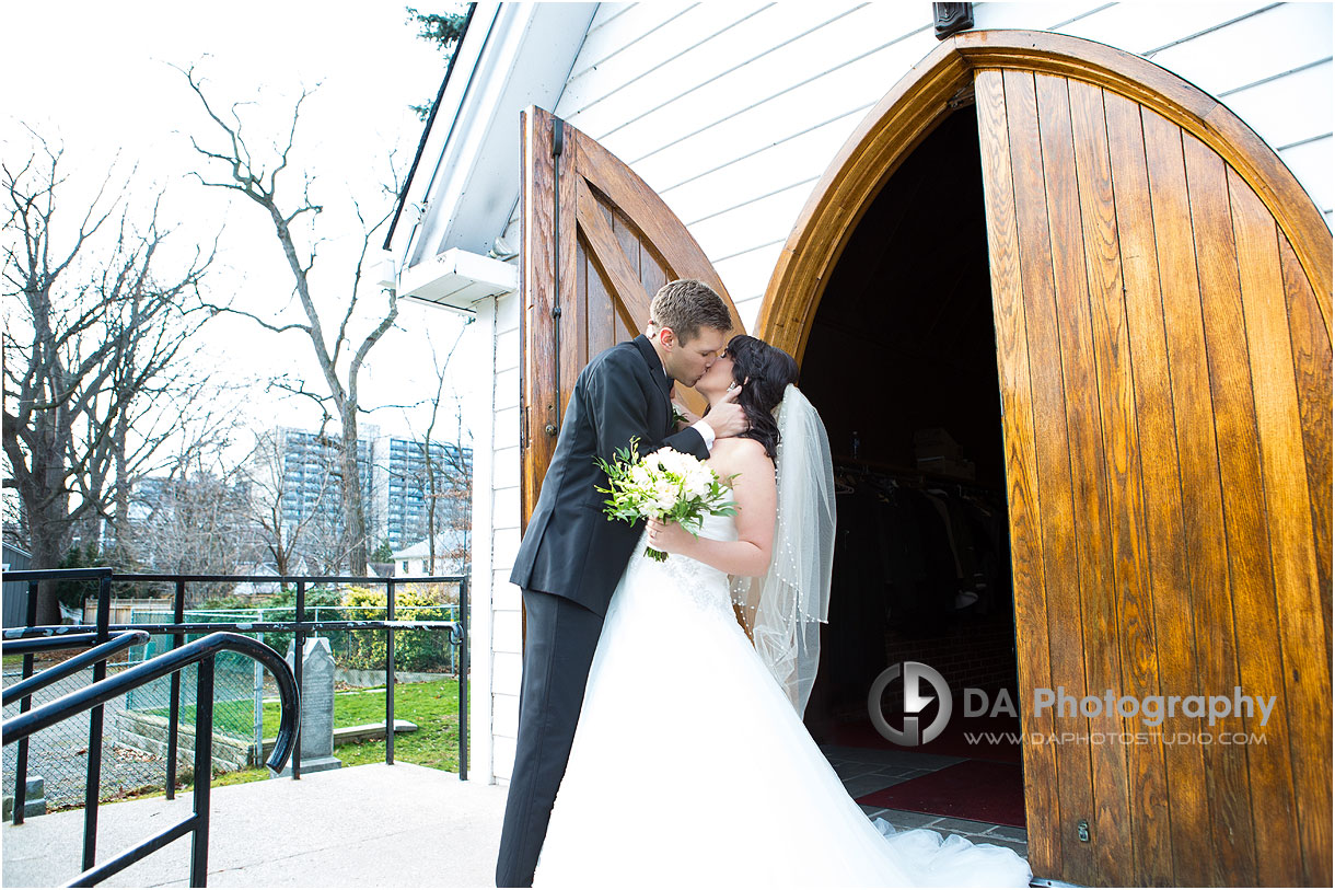 Bride and Groom at Winter Church Wedding in Burlington