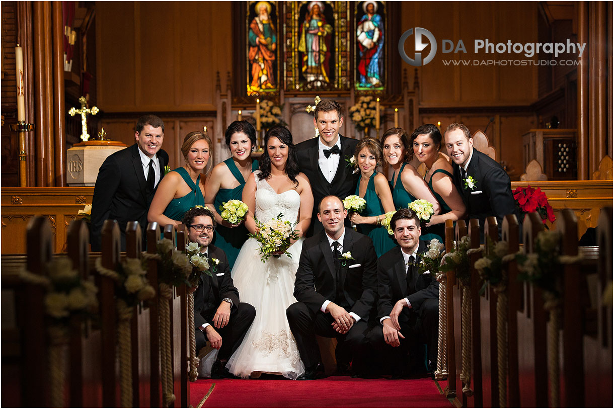 Bridal party on a winter church wedding