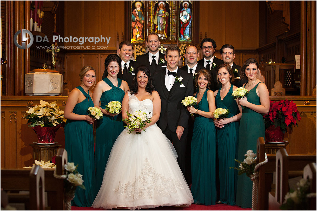 Bridal parties on a winter church wedding