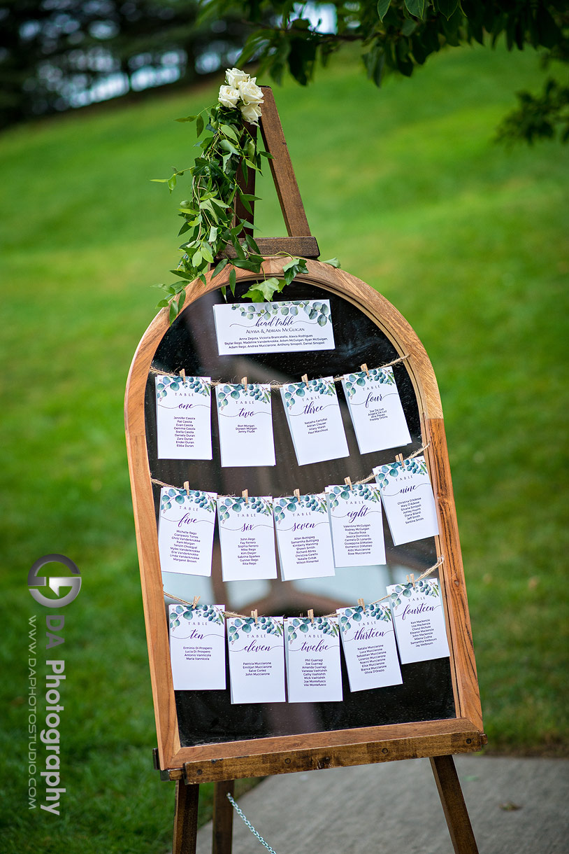 Seat chart on a mirror stand at the wedding