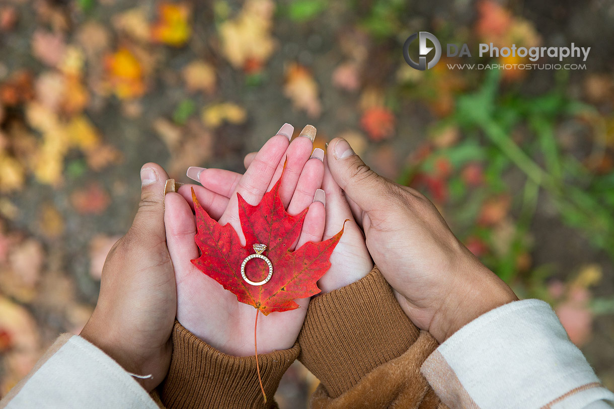 Engagement ring on a red leaf held by a couple