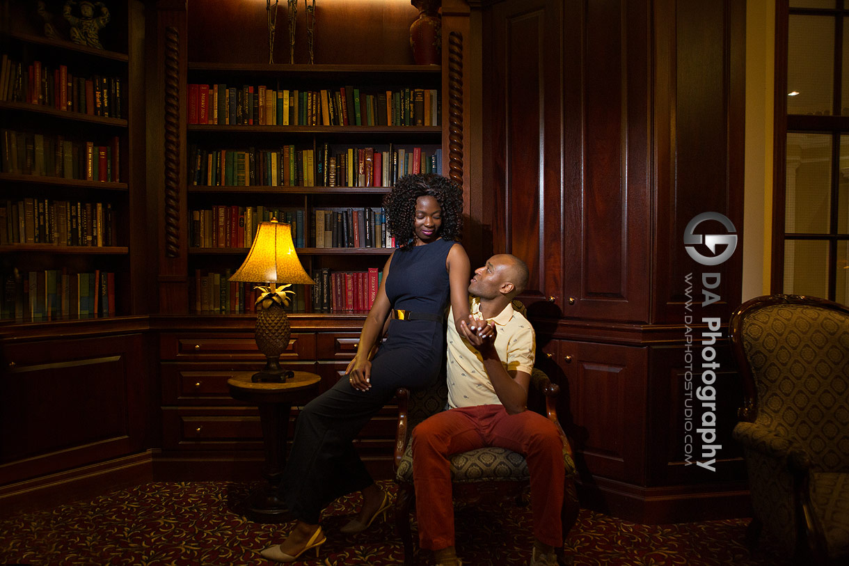 Engagement picture in Library at Queen's Landing Hotel