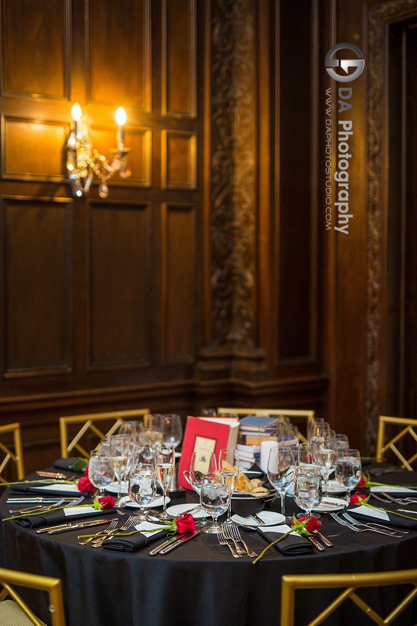 Books as a centrepieces on a wedding reception in Toronto