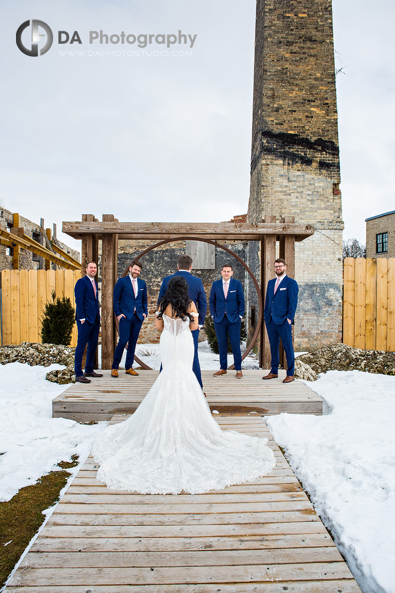 Wedding Dress at Elora Mill in Winter