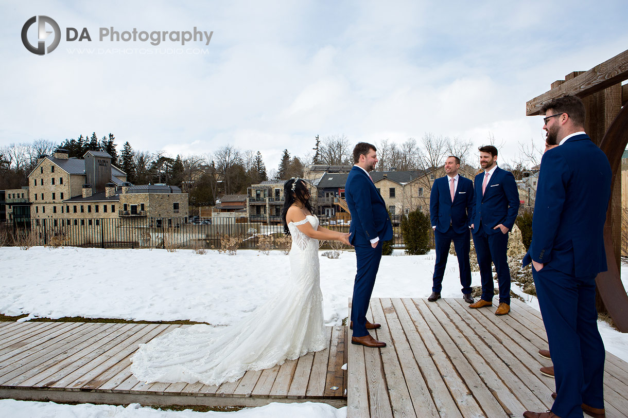 Bride and Groom at Elora Mill in Winter