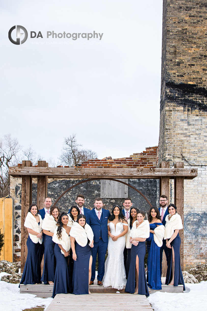 Bridesmaids at Elora Mill in Winter