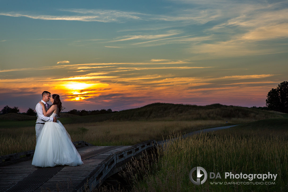 Sunset photos of a wedding couple at Pipers Heath