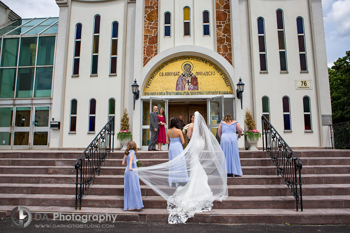 Bride with her bridesmaids in front St. Clement of Ohrid Macedonian Orthodox Cathedral